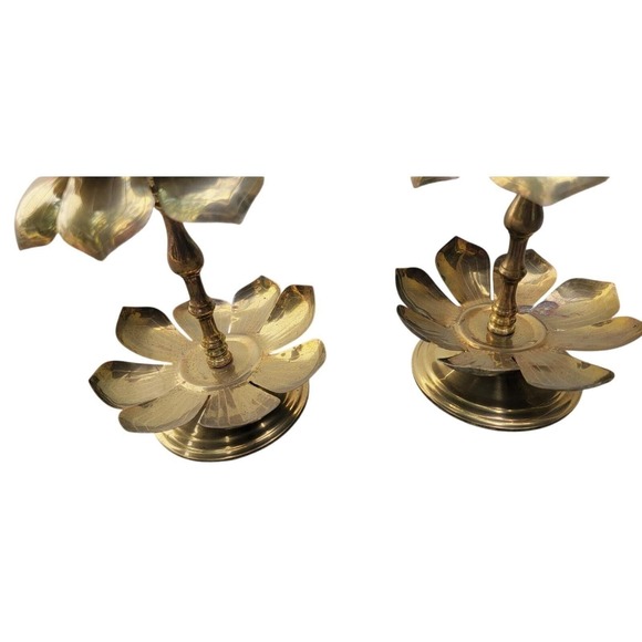 Pair‎ of VTG Brass Lotus Flower PARZINGER Style Candle Holder Hollywood Regency